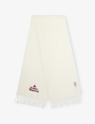 Vivienne Westwood Mens White Embroidered Logo Fringed Wool Scarf In White
