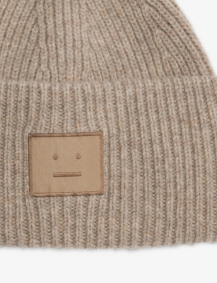 Acne Studios Womens Greige Melange Ribbed Brand-patch Wool-blend Beanie In Brown