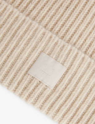 Acne Studios Womens Oatmeal Melange Logo Ribbed Wool Knit Beanie In Neutral