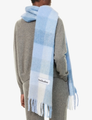 Acne Studios Womens Light Blue/white/ Checked Fringed Knitted Scarf