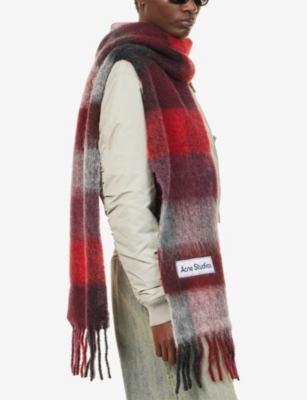 Acne Studios Womens Red/black Checked Fringed Knitted Scarf In Multi