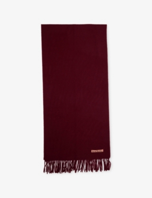 Acne Studios Womens Burgundy Melange Logo-patch Fringe Wool Scarf