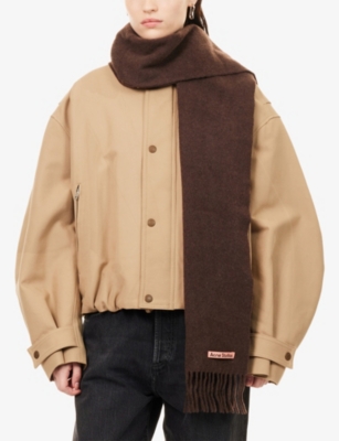 Acne Studios Womens Brown Melange Logo-patch Fringe Wool Scarf In Brown