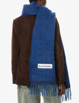 Acne Studios Womens Dark Navy/black Logo-tab Fringed Knitted Scarf