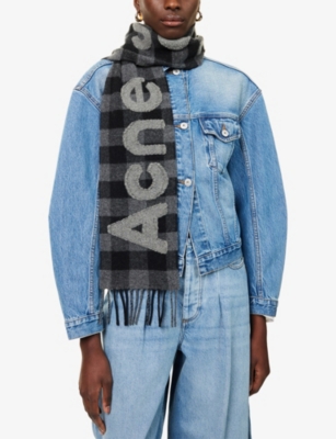 Acne Studios Womens Black/grey Script Checked Wool-blend Scarf In Multi