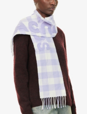 Acne Studios Womens Lilac/white Script Checked Wool-blend Scarf In Multi