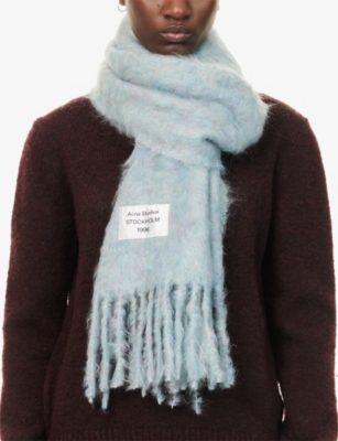 Acne Studios Womens Light Blue Melange Fringed Knitted Scarf In Gray