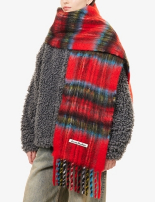 Acne Studios Womens Red/blue Check Mohair-wool Blend Scarf In Red