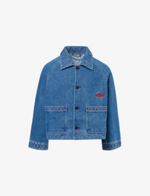 Bode Mens Indigo Embroidered Boxy Denim Jacket In Blue