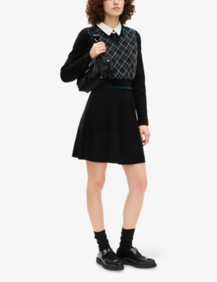 The Kooples Womens Black Dark Green Checked Contrast-collar Stretch-knit Mini Dress In Black