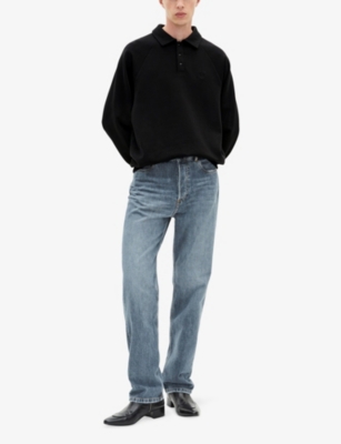 The Kooples Mens Black Washed Crest-embroidered Polo-collar Cotton Sweatshirt In Black