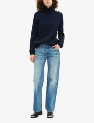 The Kooples Womens Navy Button-neck Long-sleeve Wool Jumper In Blue