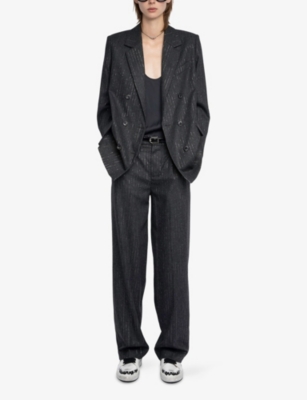 Zadig & Voltaire Womens Anthracite Puros Regular-fit High-rise Striped Flannel Trousers In Gray
