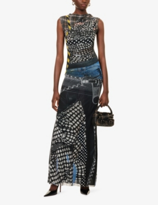 Ottolinger Womens Polka Dot Zip Print Mesh Graphic-print Stretch-woven Maxi Dress Xs In Black