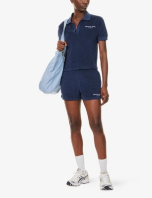 Sporty And Rich Womens Dark Navy April Eden Script Terry-cotton Polo Top In Blue