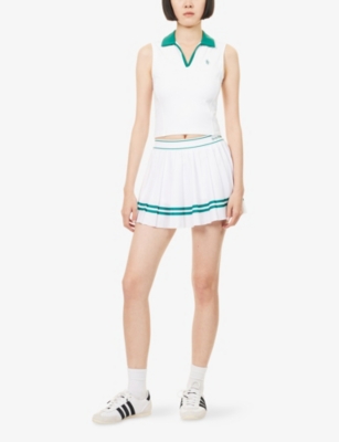 Sporty And Rich Womens White Alpine Italic Logo Pleated Stretch-woven Mini Skirt In White