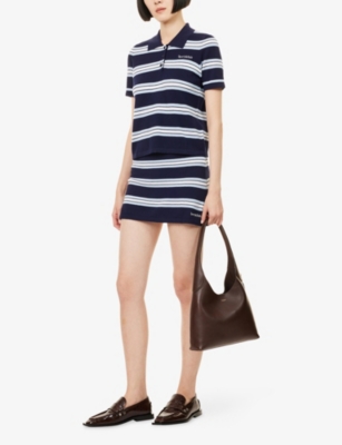 Sporty And Rich Womens Dark Navy White Josie Striped Silk And Cotton-blend Polo Shirt In Multi
