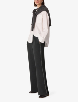 Whistles Womens Black Stitch-embroidered Elasticated-waist Crepe Trousers In Black
