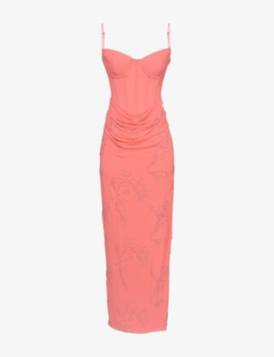 House Of Cb Of Cb Womens Carmella Floral-embellished Woven Maxi Dress Coral In Orange