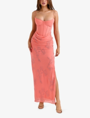 House Of Cb Of Cb Womens Carmella Floral-embellished Woven Maxi Dress Coral In Orange
