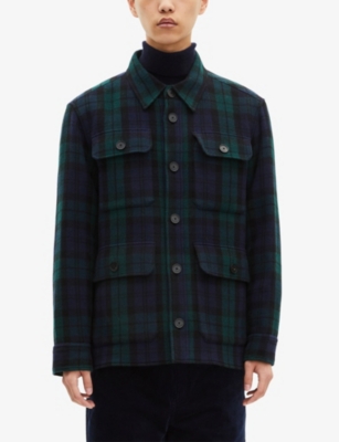 The Kooples Mens Green / Black Checked Flap-pocket Wool-blend Overshirt In Multi