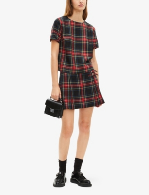 The Kooples Womens Rouge Noir Round-neck Short-sleeve Tartan Wool Top Xs In Multi