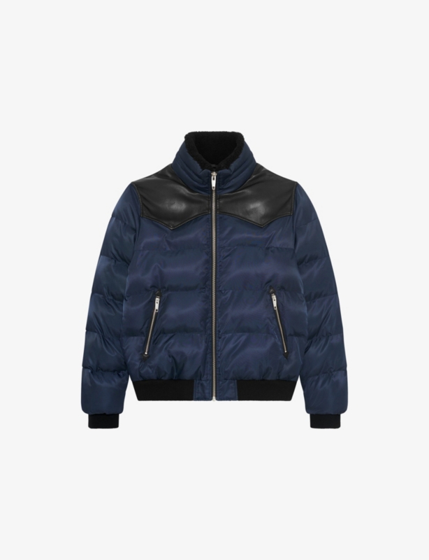 Leather-Yoke Padded Shell Puffer Jacket