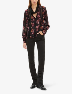 The Kooples Womens Black - Red Floral-print Long-sleeve Woven Top In Black