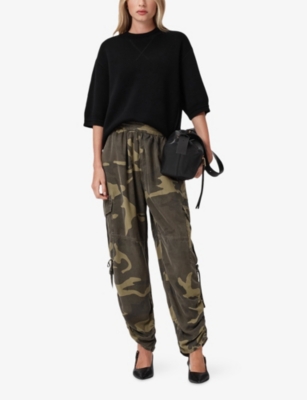 Allsaints Womens Camo Green Kaye Camouflage-print Tapered-leg High-rise Lyocell Trousers In Green