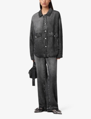Allsaints Womens Illusion Black Hettie Denim-print Lyocell Overshirt In Gray