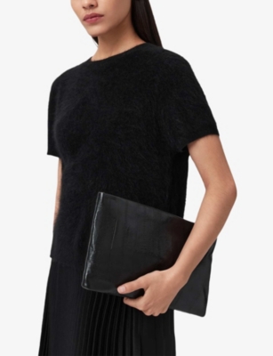 Allsaints Womens Black Bettina Eel-embossed Leather Clutch Bag In Black