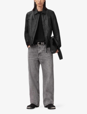 Allsaints Mens Black Rashford Side-pocket Leather Jacket Xxl In Black
