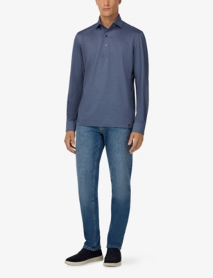 BOGGI MILANO: Bowling-Collar Long-Sleeve Cotton-Blend Polo Shirt