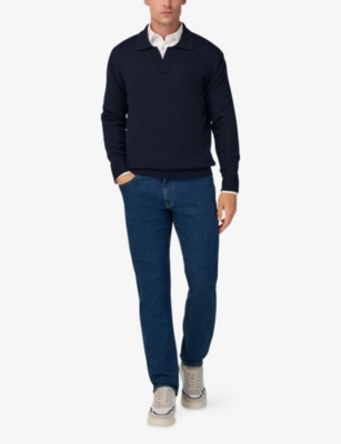 Boggi Milano Ens Collared Long-sleeve Merino-wool Polo Navy Blue In Blue