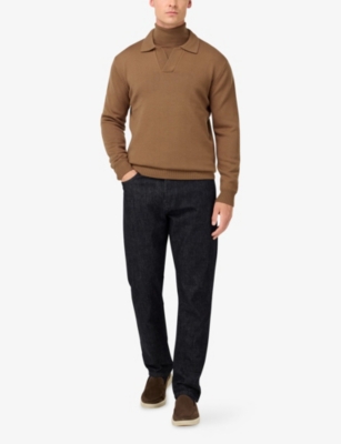 Boggi Milano Ens Collared Long-sleeve Merino-wool Polo Hazelnut Xxl In Brown