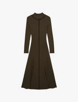 Reiss Womens Khaki Green Polly Contrast-stitch Knitted Midi Dress In Brown