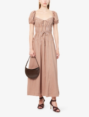 Reformation Womens Audrie Check Rhett Puffed-sleeves Woven Midi Dress In Brown
