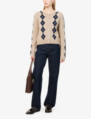 Reformation Womens Oatmeal Navy Argyle Clara Rhombus-print Cashmere Cardigan In Neutral