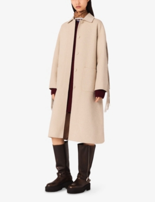 Maje Womens Beige Fringed Belted-waist Wool-blend Coat In Neutral