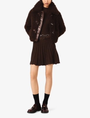 Maje Womens Dark Brown Oversized-collar Long-sleeve Faux-shearling Jacket In Multi