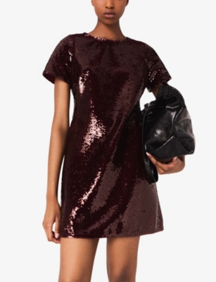 Maje Womens Burgundy Short-sleeved Sequin-embellished Mini Dress In Burgundy