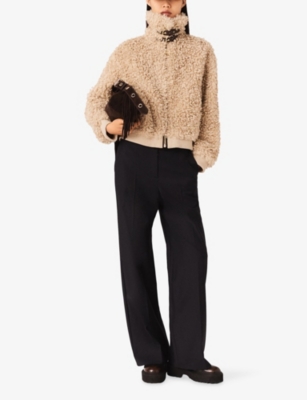 Maje Womens Camel Cropped Wide-collar Bouclé Jacket In Brown