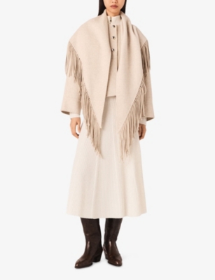 Maje Womens Ecru Fringed Cropped Wool-blend Coat In Neutral