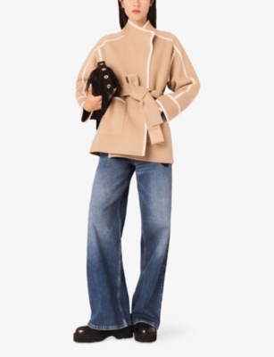 Maje Womens Camel Embroidered-trim High-neck Wool-blend Coat In Brown