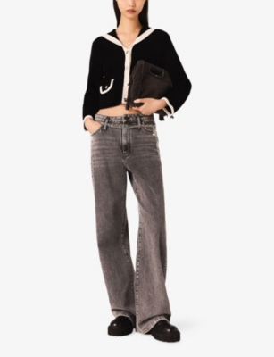 Maje Womens Black Sailor-collar Button-down Stretch-velvet Cardigan In Black