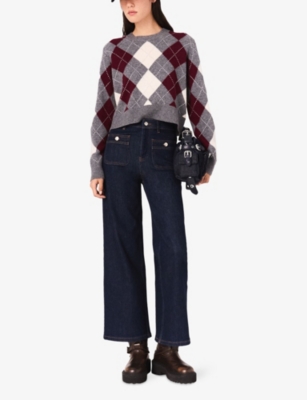 MAJE: Cropped Long-Sleeve Argyle Wool Jumper