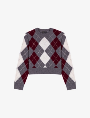 MAJE: Cropped Long-Sleeve Argyle Wool Jumper