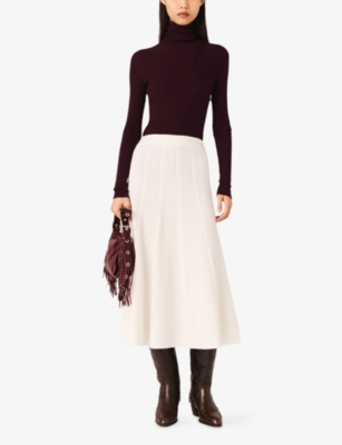 Maje Womens Ecru Flared-hem High-waist Knitted Midi Skirt In White
