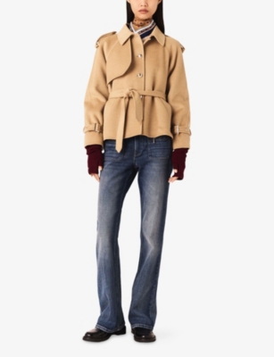 Maje Womens Camel Double-faced Belt-tie Wool-blend Jacket In Brown