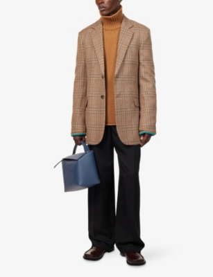 Loewe Mens Beige/multicolor Checked Notched-collar Wool Jacket In Brown